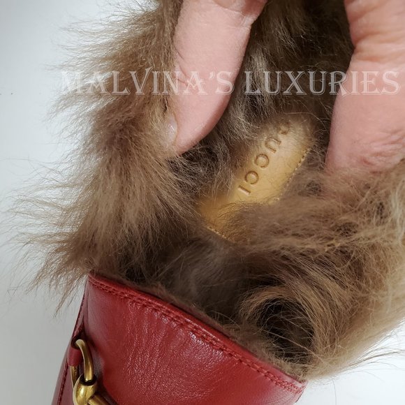GUCCI SHOES JORDAAN HORSEBIT SHEARLING FUR RED LEATHER LOAFERS 37.5 7.5 US - Picture 12 of 16